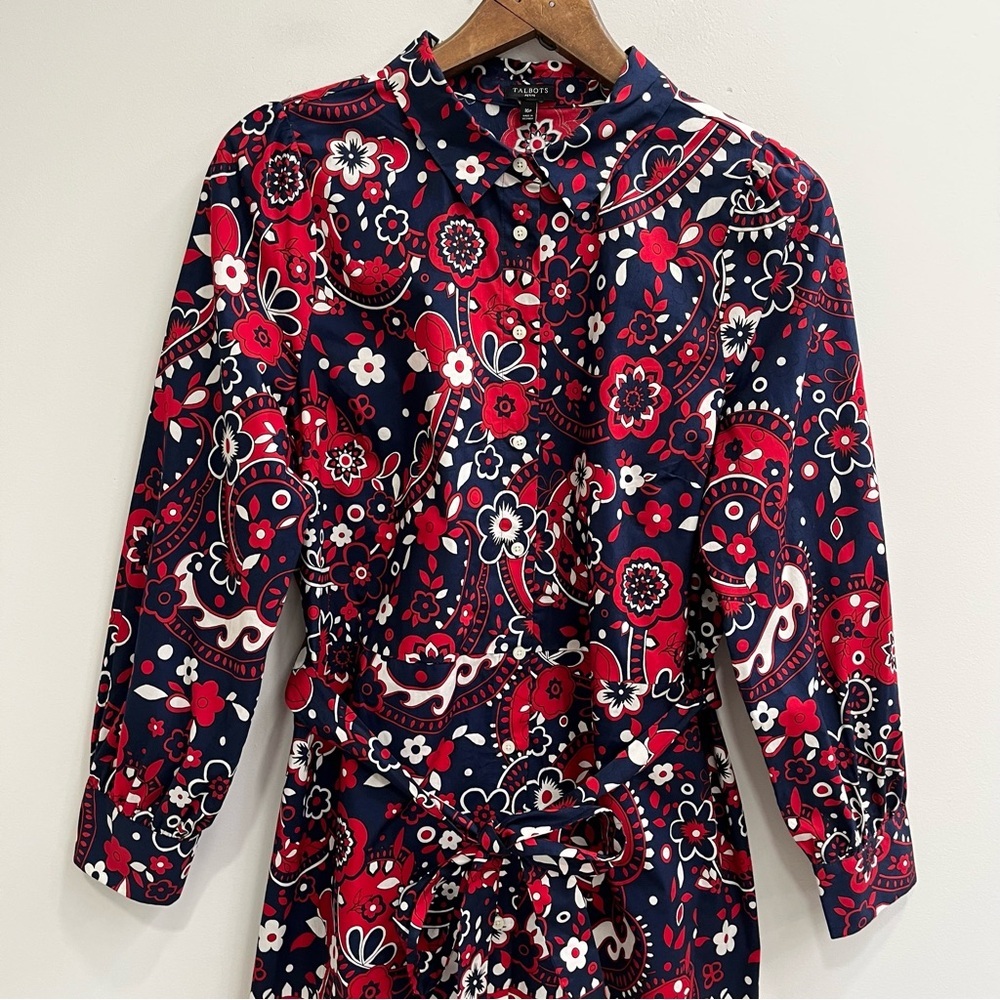 Talbots Picnic Paisley Poplin Shirtdress Navy Blue Red Belted Long Sleeve 16P - Picture 9 of 13